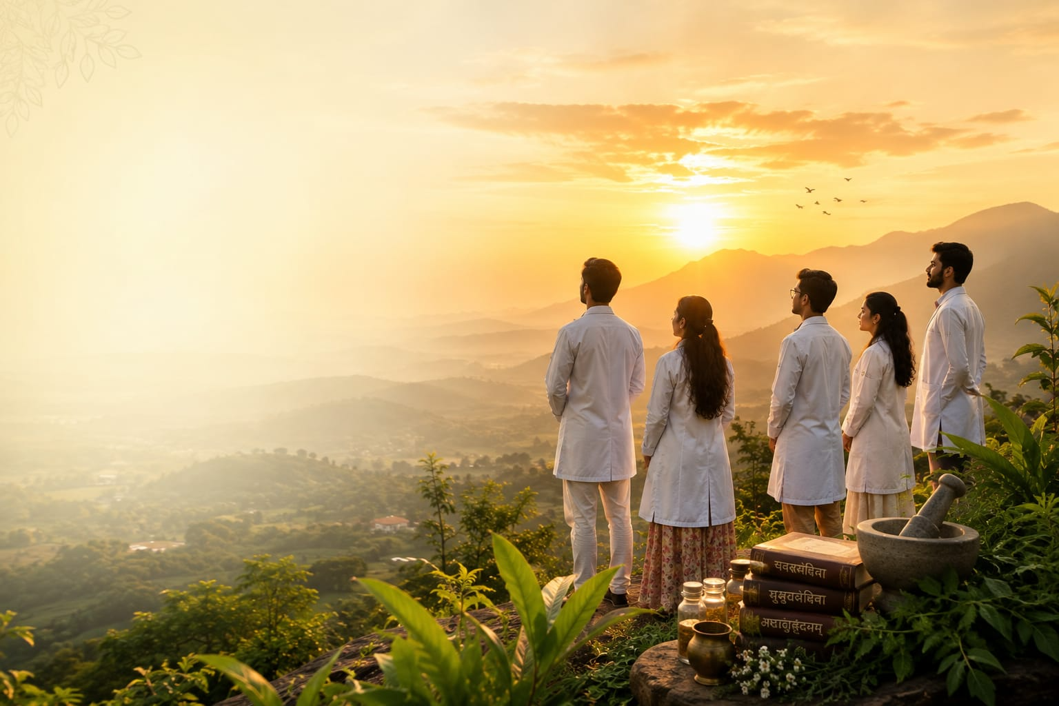 Ayurveda students looking toward a sunrise